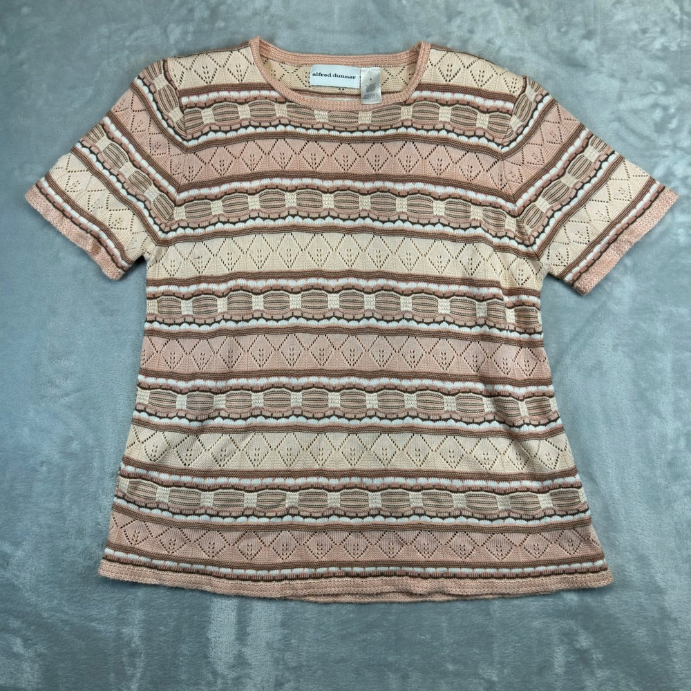 Alfred Dunner Knit Top Womens Small Peach Geometric Pointelle Short Sleeve Top - Picture 2 of 10